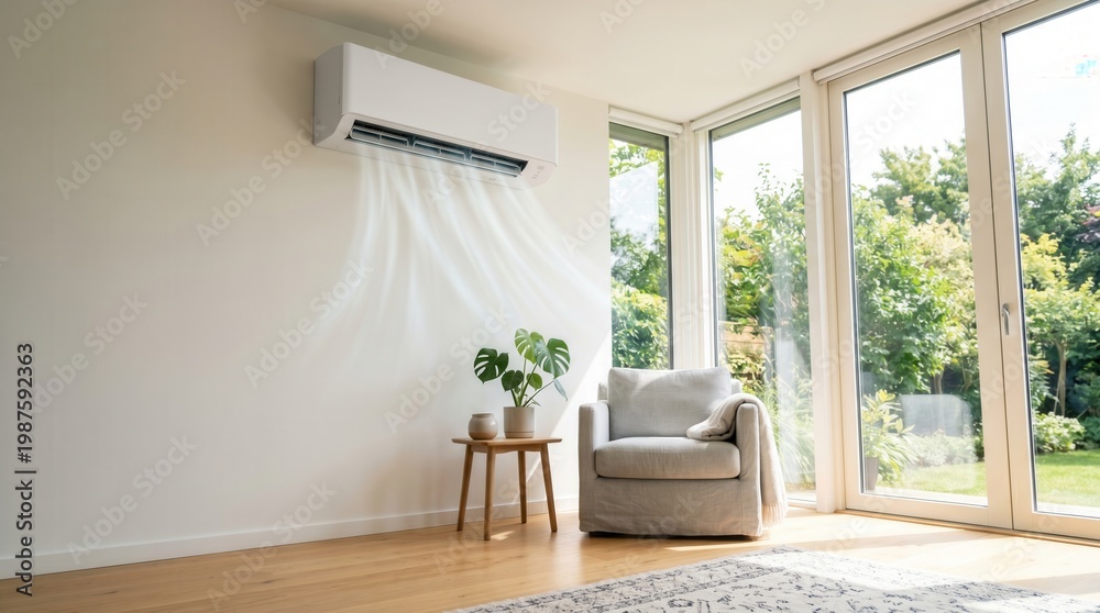Fototapeta premium Air conditioning unit (various models) mounted on the wall, enhancing the comfort of the stylish living room adorned with greenery.