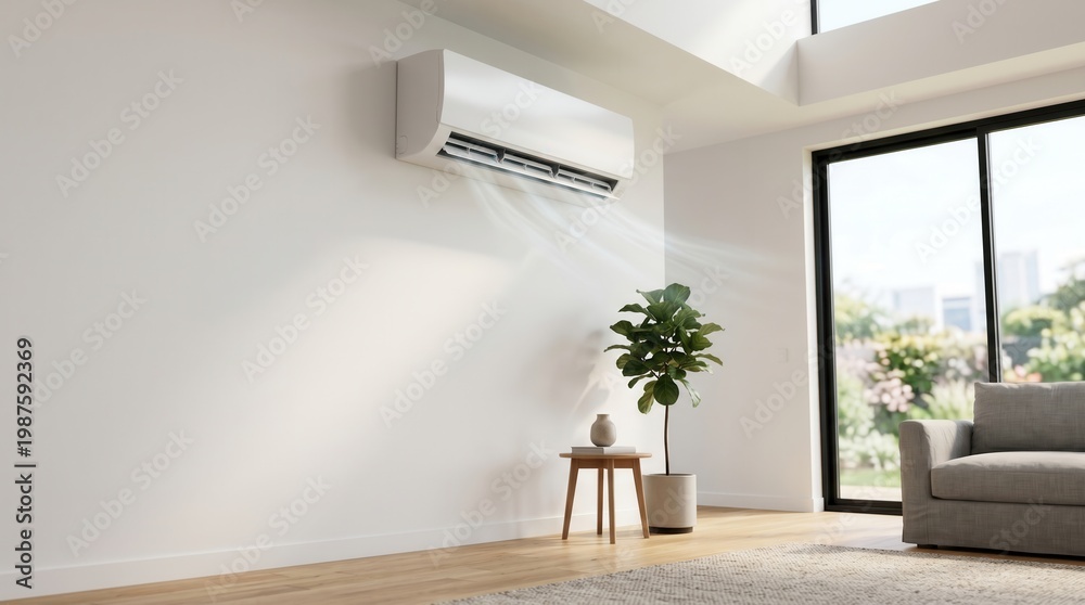 Fototapeta premium Air conditioning unit mounted on the wall, providing cooling air to a stylish living room with greenery and natural light.