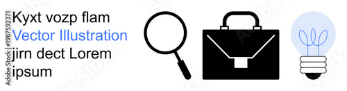Business analysis, creative solutions, research, innovation, management, strategy planning. Icons include a magnifying glass, briefcase and lightbulb. Business analysis and creative solutions