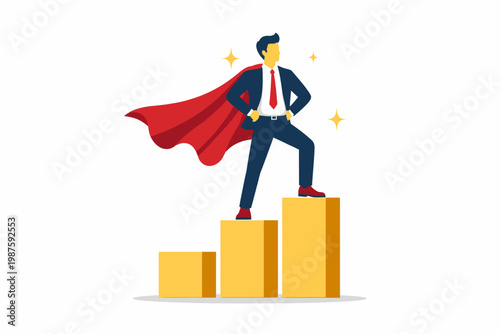 Confident young caucasian male superhero standing on bar graph in business suit