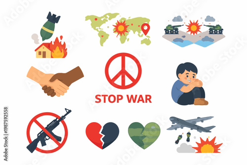 Anti-war symbols and effects including peace sign and heartbroken icons