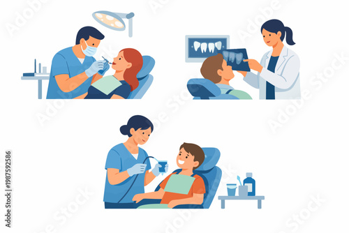 Dental checkups for children with dentists: examination, x-ray, consultation