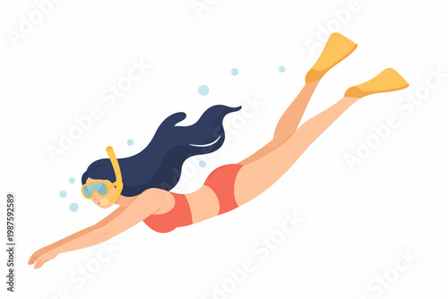 Asian young female swimming underwater with snorkel and flippers