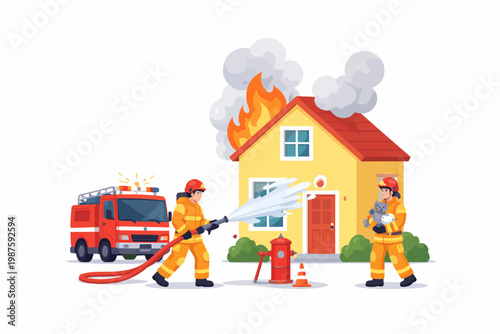 Firefighters extinguish house fire with hose and hydrant nearby