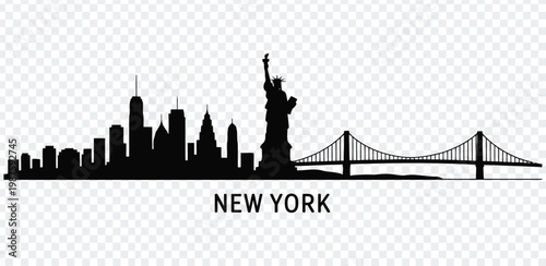 Black silhouette of new york city skyline with statue of liberty and brooklyn bridge