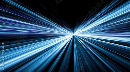 Blue and white light streaks create a sense of speed and movement through a dark tunnel or abstract space.