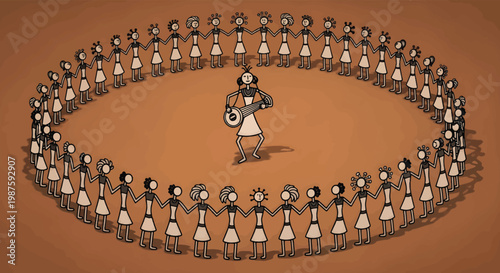 Warli folk art illustration of tribal dancers in a circle. Traditional Indian painting style with musicians and dancing figures. Ethnic vector art.