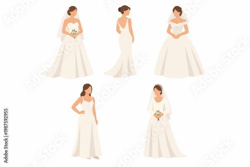 Caucasian females in elegant bridal gowns displaying various wedding dress styles