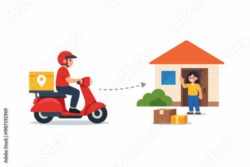 Male delivery driver on scooter bringing packages to happy woman at home