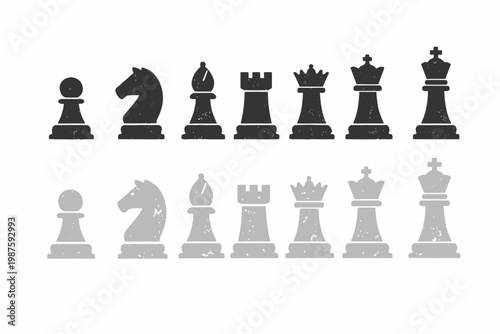 Vintage black and white chess pieces silhouettes in grunge style