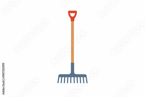 Metal garden rake with wooden handle illustration on white background
