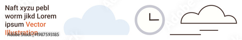 Weather, time management, digital apps, minimalism, forecasting, and graphic design concepts. Cloud shapes, clock symbol and text elements. Weather and time management illustration concepts