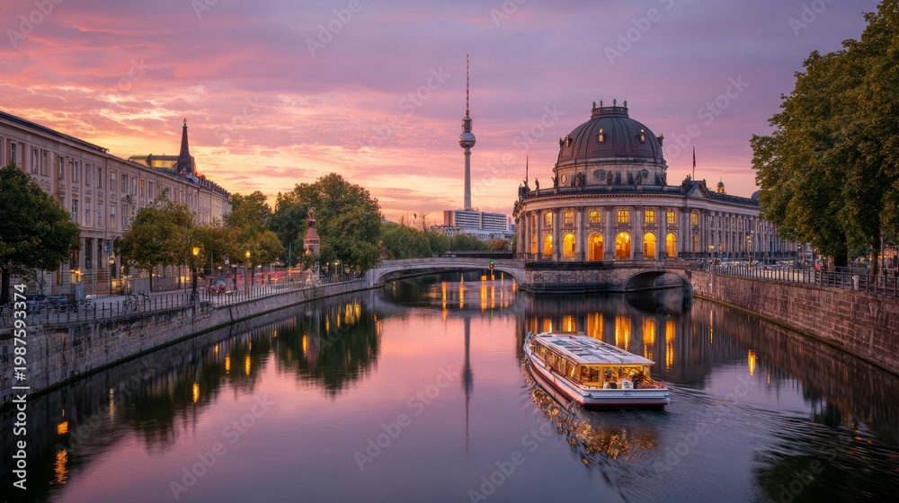 Fototapeta premium Berlin downtown skyline featuring Museum Island, with a cityscape of Germany at sunset.