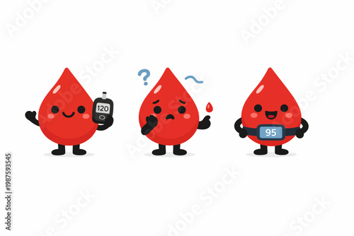 Cute blood drop characters promoting diabetes awareness and healthy living