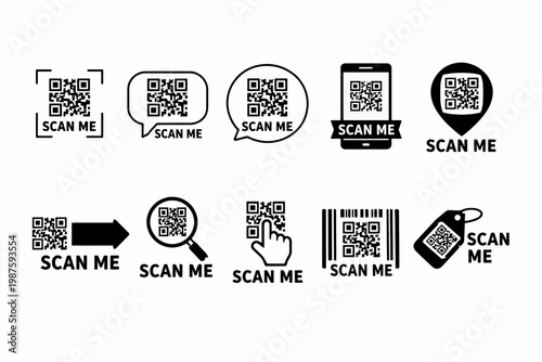 Diverse qr code icons with scan me text in various designs