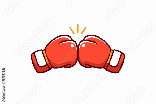 Cartoon red boxing gloves bumping together with gesture lines on white background