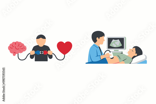 Health checkup concepts: brain and heart diagram, ultrasound examination
