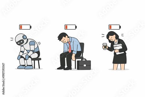 Exhausted robot and tired business professionals depicting low energy levels