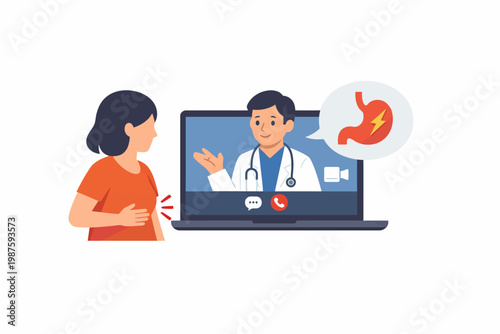 Female seeking online medical consultation with doctor for stomach pain relief