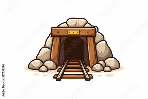 Cartoon-style mine entrance with wooden beams and rock arch framing railway track