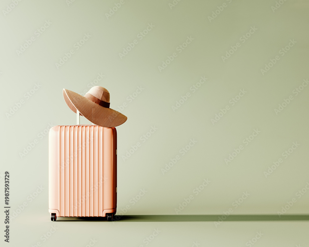 Fototapeta premium Pink travel luggage with summer hat on mint green background with copy space. Summer travel concept. 3D Rendering, 3D Illustration