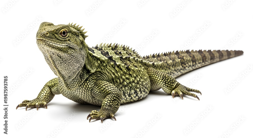 Fototapeta premium Realistic Green Iguana Lizard Side View Isolated on White Background for Wildlife Photography, Exotic Reptile, Tropical Animal, Nature Study, Herpetology Research, Detailed Skin Texture Illustration