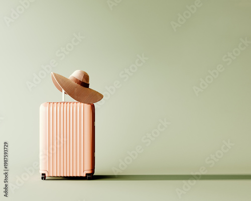 Pink travel luggage with summer hat on mint green background with copy space. Summer travel concept. 3D Rendering, 3D Illustration