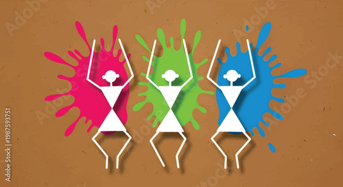 Warli art dancing figures on brown background, traditional Indian tribal folk painting, colorful paint splashes with white stick figures