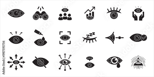 eye icons set. see, drop, view, eye, vision, focus, visible, drop and more. simple solid vector illustration