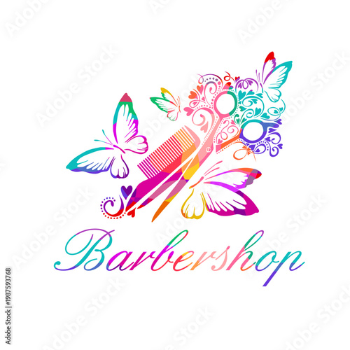 Hairdressing salon colored logo, Hand drawn. Not AI, vector illustration.