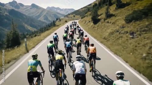 Group of cyclists ascending a scenic mountain road surrounded by green peaks