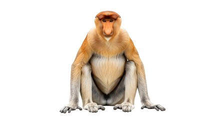 Realistic Proboscis Monkey Sitting Front View Isolated on White Background for Wildlife Photography, Exotic Primate, Borneo Animal, Nature Observation, Zoology Study Illustration