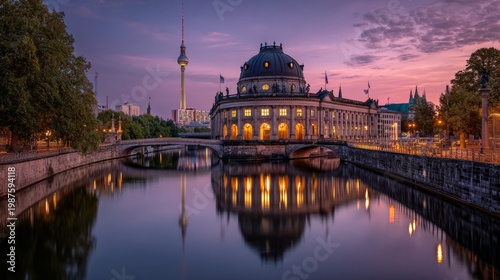 Bode Museum, Berlin TV Tower and the Spree River in Berlin before sunrise.