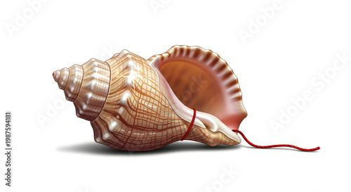 Sacred Shankha Conch Shell with Red Ritual Thread Isolated on White Background, Traditional Hindu Spiritual Vector Illustration