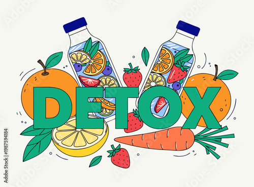 Detox concept vector graphic with fruit bottles orange lemon carrot juice cleanse