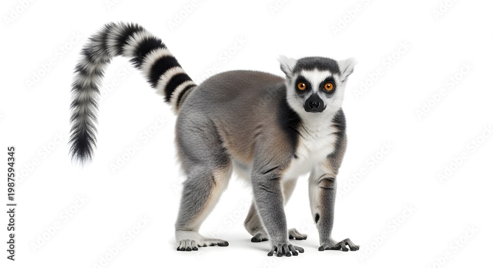 Fototapeta premium Realistic Ring Tailed Lemur Full Body Isolated on White Background for Wildlife Photography, Primate Study, Exotic Animal, Madagascar Species, Zoo Animal, Nature Observation Illustration