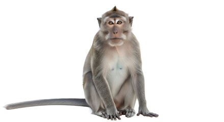 Realistic Monkey Sitting Front View Isolated on White Background for Wildlife Photography, Primate Study, Exotic Animal, Zoo Animal, Nature Observation, Detailed Mammal Illustration