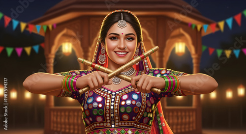 Indian Woman Playing Dandiya Garba Dance for Navratri Festival, Traditional Colorful Ethnic Dress and Sticks Vector Illustration