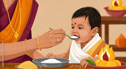 Annaprashan Ceremony Indian Baby First Rice Eating Ritual, Traditional Hindu Sanskar Newborn Feeding Vector Illustration