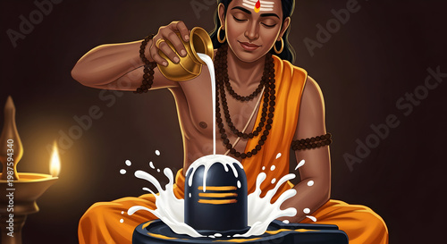 Shiva Abhishekam Ritual with Milk Pouring on Lingam, Hindu Priest Performing Sacred Puja for Lord Shiva Vector Illustration