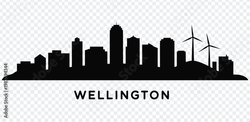 Black silhouette of wellington city skyline with wind turbines