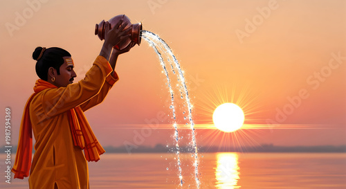 Hindu Man Performing Surya Arghya Ritual Offering Water to the Rising Sun at River Bank, Spiritual Morning Prayer Vector Illustration