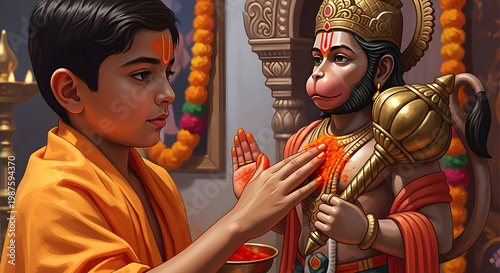 Young Devotee Worshipping Lord Hanuman Statue, Child Offering Prayers and Tilak to Bajrangbali, Hindu Religion Vector Illustration