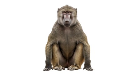 Realistic Baboon Monkey Sitting Isolated on White Background for Wildlife Photography, Primate Study, African Animal, Zoo Animal, Animal Behavior, Nature Observation, Detailed Mammal Illustration