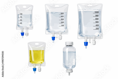 Medical iv bags and vial with clear and yellow liquid solutions