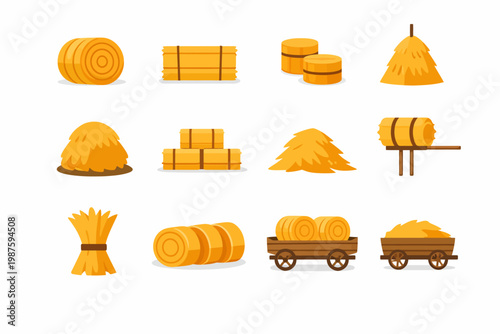 Collection of various hay and straw bales in different shapes and forms