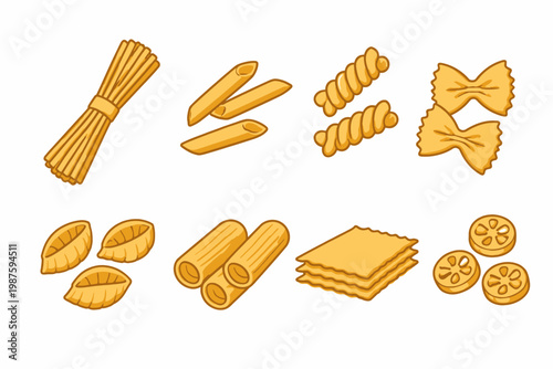 Variety of italian pasta types: spaghetti, penne, fusilli, farfalle, shells, rigatoni, lasagna, rotelle