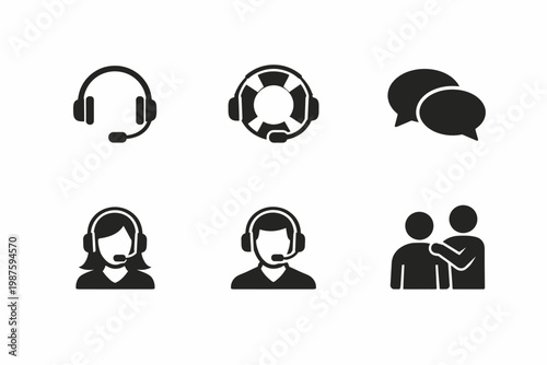 Customer support icons: headset, communication, male and female operators, interaction symbols