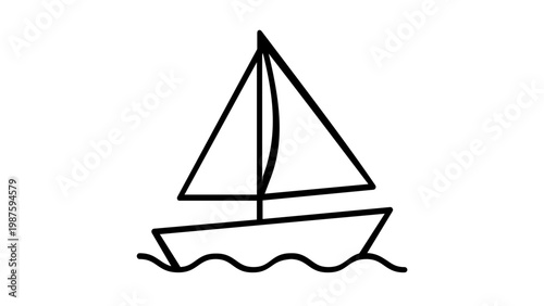 Minimalist Sailboat Vector Icon Illustration: Simple Black Line Art of a Sailing Boat on Ocean Waves, Scalable Flat Design for Web, Apps, and Print, AI-Generated Nautical Symbol for Leisure.