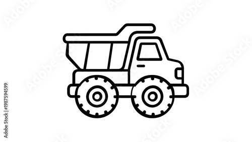 Minimalist vector icon illustration of a toy dump truck, featuring a clean black line art design with large wheels and a tipping bed, perfect for children's play, construction themes, and apps.